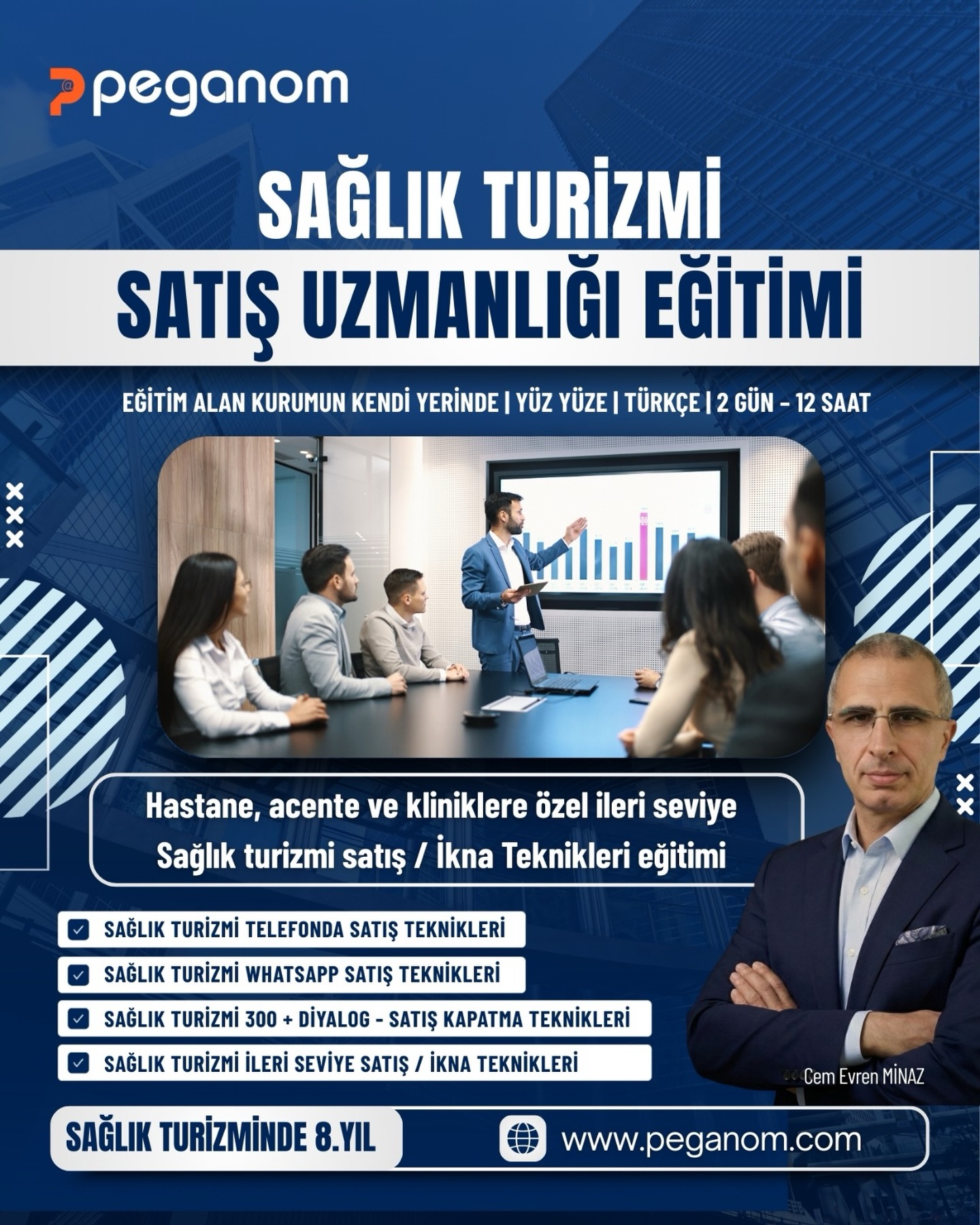 👉 Peganom | Sağlık Turizmi Satış Uzmanlığı Eğitimi
✅ Sağlık turizmi alanında hastane, acente ve kliniklerin satış ekiplerine özel,
✅ Kurumun kendi yerinde | Yüz yüze | Türkçe
✅ 2 gün – 12 saat
✅ İleri Seviye Sağlık Turizmi Satış Uzmanlığı Eğitim programı
👉 Eğitim konuları:
✅ Sağlık Turizmi Telefonda Satış Teknikleri
✅ Sağlık Turizmi WhatsApp Satış Teknikleri
✅ Sağlık Turizmi 300 + Diyalog - Satış Kapatma Teknikleri
✅ Sağlık Turizmi İleri Seviye Satış / İkna Teknikleri

👉 Eğitim ile ilgili detaylı bilgiler www.peganom.com