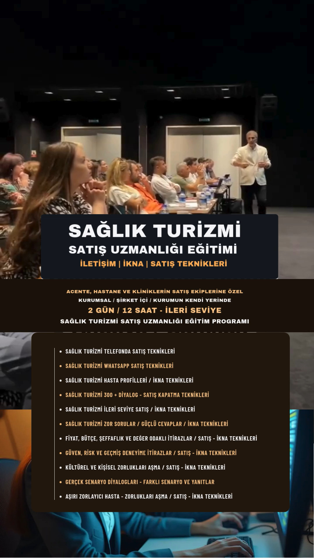 👉 SAĞLIK TURİZMİ SATIŞ UZMANLIĞI EĞİTİMİ
✅ Acente, Hastane ve kliniklerin Satış Ekiplerine Özel
Kurumsal / Şirket içi / Kurumun Kendi Yerinde
2 gün / 12 saat - İLERİ SEVİYE SAĞLIK TURİZMİ SATIŞ UZMANLIĞI eğitim programı

👉 Sağlık turizmi telefonda satış teknikleri odağında 300 den fazla Örnek diyalog, güven oluşturma, ileri seviye satış ve ikna teknikleri formatında hazırlanan bu eğitimde:

✅ SAĞLIK TURİZMİ TELEFONDA SATIŞ TEKNİKLERİ
✅ SAĞLIK TURİZMİ WHATSAPP SATIŞ TEKNİKLERİ
✅ SAĞLIK TURİZMİ HASTA PROFİLLERİ / İKNA TEKNİKLERİ
✅ SAĞLIK TURİZMİ 300 + DİYALOG - SATIŞ KAPATMA TEKNİKLERİ
✅ SAĞLIK TURİZMİ İLERİ SEVİYE SATIŞ / İKNA TEKNİKLERİ
✅ SAĞLIK TURİZMİ ZOR SORULAR / GÜÇLÜ CEVAPLAR / İKNA TEKNİKLERİ
✅ FİYAT, BÜTÇE, ŞEFFAFLIK VE DEĞER ODAKLI İTİRAZLAR / SATIŞ - İKNA TEKNİKLERİ
✅ GÜVEN, RİSK VE GEÇMİŞ DENEYİME İTİRAZLAR / SATIŞ - İKNA TEKNİKLERİ
✅ KÜLTÜREL VE KİŞİSEL ZORLUKLARI AŞMA / SATIŞ - İKNA TEKNİKLERİ
✅ GERÇEK SENARYO DİYALOGLARI - FARKLI SENARYO VE YANITLAR
✅ AŞIRI ZORLAYICI HASTA - ZORLUKLARI AŞMA / SATIŞ - İKNA TEKNİKLERİ

👉 SAĞLIK TURİZMİ İLERİ SEVİYE SATIŞ TEKNİKLERİ eğitimi ile ilgili detaylı bilgilere web sitemiz peganom.com dan ulaşabilirsiniz.

👉 Youtube Kanalımız:
👉 https://www.youtube.com/cemevrenminaz
👉 Web Sitemiz: https://peganom.com
👉 İletişim: Telefon & Whatsapp: 0536 525 84 65
👉 Sosyal Medya Hesaplarımız:
✅ https://www.instagram.com/peganomajans
✅ https://www.facebook.com/peganom
✅ https://www.instagram.com/cemevrenminazofficial/
✅ https://www.facebook.com/cemevrenminaz

#healthtourism #healthtourismturkey